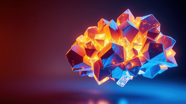 Bright crystal formation glows. Orange, blue hues dominate dark background. Sharp edges, complex geometry visible. Dramatic lighting creates intense visual impact.