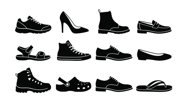 Vector collection of shoe silhouettes on transparent background.