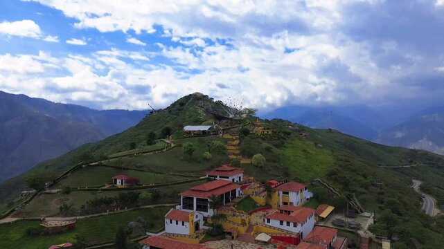 Panoramic aerial view of Panachi national park buildings and mountain landscape in Chicamocha Canyon, Colombia