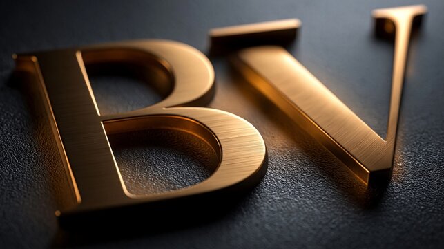 Goldene dreidimensionale Buchstaben BV auf dunklem Hintergrund mit elegantem Metallglanz.