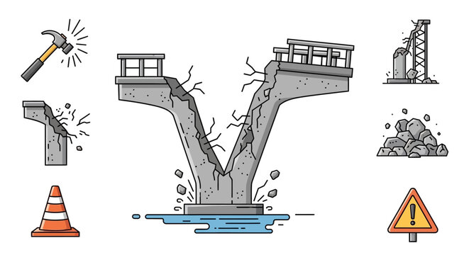 Cracked road bridge with warning signs.