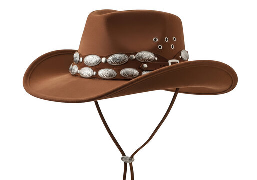 A stylish brown cowboy hat with decorative silver concho embellishments and a wide brim isolated on transparent background