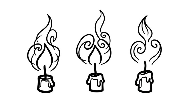Stylized candle flames with swirling patterns in black and white line art