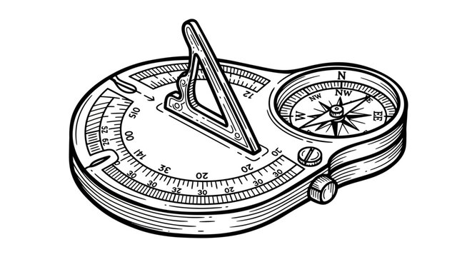 Vintage hand-drawn sundial compass with intricate details for navigation and timekeeping