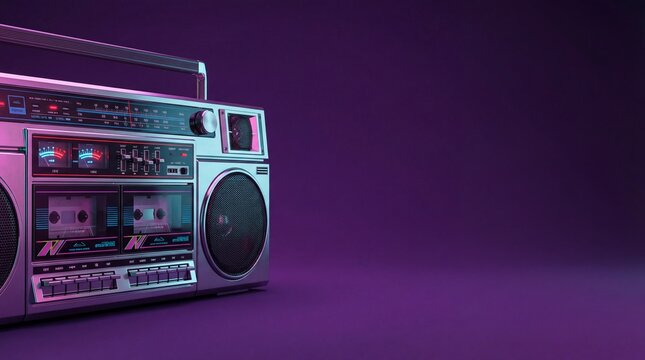 Retro vintage boombox radio with cassette player on purple background