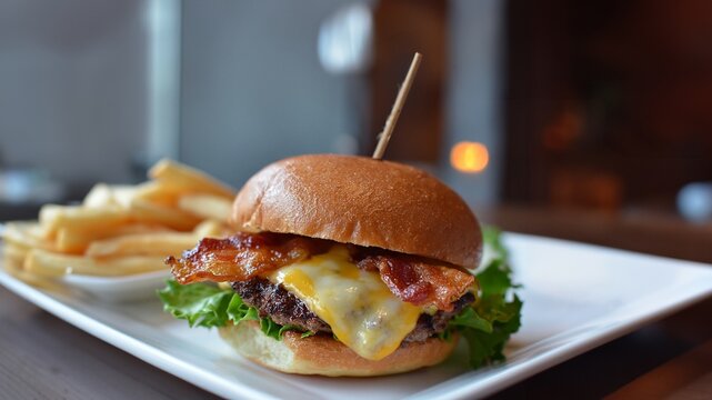 Saftiger Cheeseburger mit Salat und geschmolzenem K&auml;se auf wei&szlig;em Teller mit Pommes.