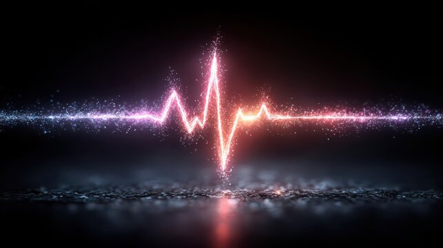 Glowing pink purple heartbeat ECG pulse line on dark background digital concept