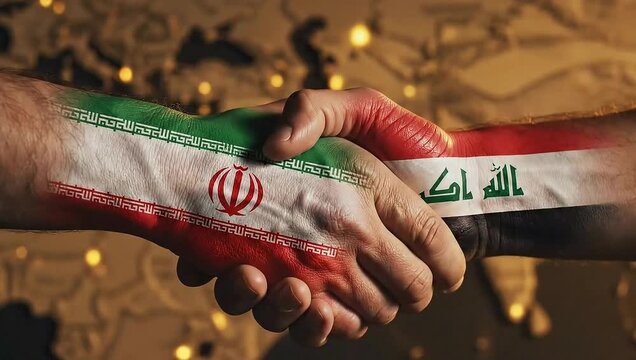 Close up cinematic handshake between hands painted with flags iran iraq.