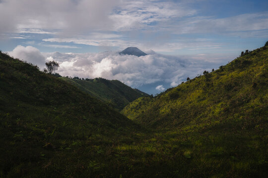 Aerial view of Gunung Prau peak rising above a thick sea of white clouds between green grassy mountain slopes under a blue sky Mount Prau, Central Java, Indonesia.