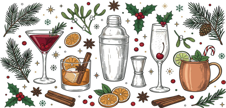 Festive holiday cocktail collection with bartending tools, winter ingredients, and Christmas decorations vector illustration set
