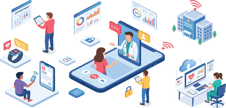 Isometric digital health and telemedicine concept with people having online doctor consultations, smart hospital technology, and data tracking.