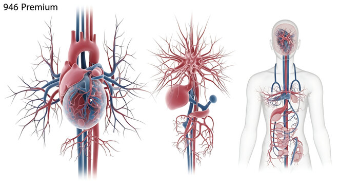 A detailed illustration of the human circulatory system, showcasing the heart, lungs, and blood vessels in a clear and anatomically correct vector graphic design.