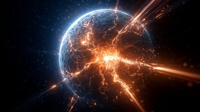 Dramatische Explosion auf einem Planeten im Weltall mit leuchtend orangefarbenen Strahlen