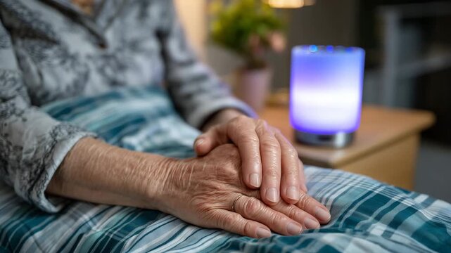 Close up of arthritic hands using voice assistant device, smart speaker glowing on bedside table, medication reminders visible on connected screen, perfect for assistive technology