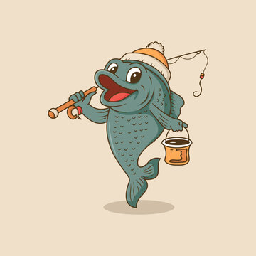 Cute Cartoon Fish Fishing Character Vector Illustration Fun Mascot Design