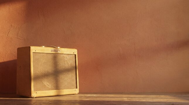 Vintage guitar amplifier placed on a wooden table against a rustic wall