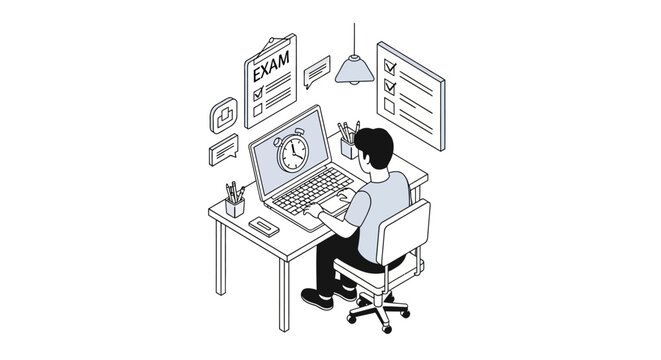 Online Exam and E-learning Concept Isometric Illustration. Student taking a digital test on a laptop with timer, checklist, and study tools on a white background.