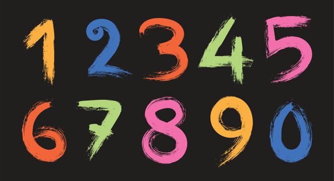 Colorful Hand Drawn Numbers Set 0-9, Chalk Style Kids Learning Digits, Creative Numeric Illustration.