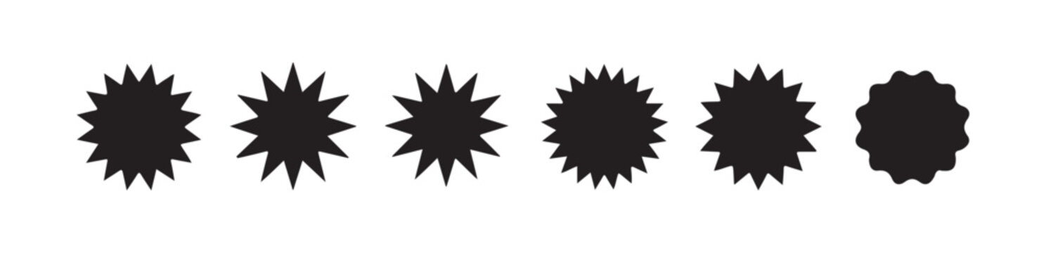 Collection of solid black starburst seal shapes for rating or discount promotion stickers