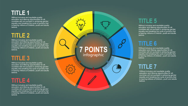 Vector infographic template with circular wheel chart and 7 sections. Data visualization design for business presentation, marketing analysis, statistics report, and information diagram.