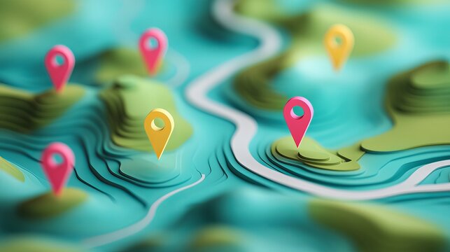 A 3D illustration of a map with colorful location pins and a winding river
