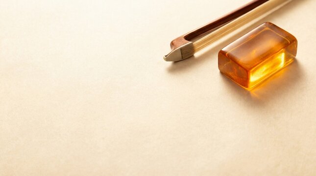 Violin bow and amber rosin block on a textured paper background
