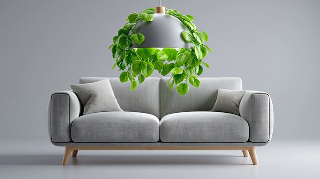 Modernes helles Wohnzimmer mit grauem Sofa, Stehlampe und gr&uuml;ner Zimmerpflanze vor grauem Hintergrund
