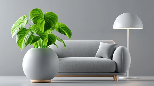 Modernes helles Wohnzimmer mit grauem Sofa, Stehlampe und gr&uuml;ner Zimmerpflanze vor grauem Hintergrund