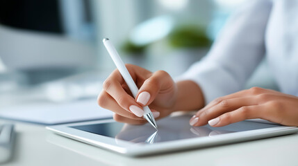 Obraz premium Person using a stylus to write on a tablet resting on a white desk beside a monitor, clean digital workspace concept, defocused background, with copy space