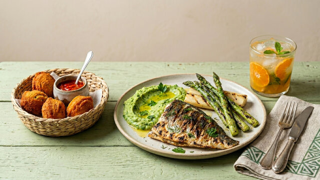Baked fish with pea puree, grilled asparagus, grilled pupunha palm heart, a basket of mini acaraj&eacute;, and a tangerine caipirinha served on a wooden table