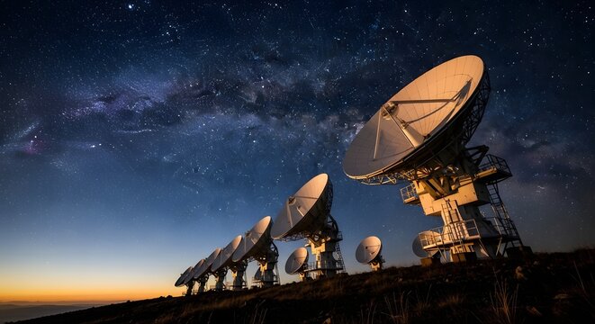 Satellite dish array under starry night sky with milky way galaxy for space communication and research.