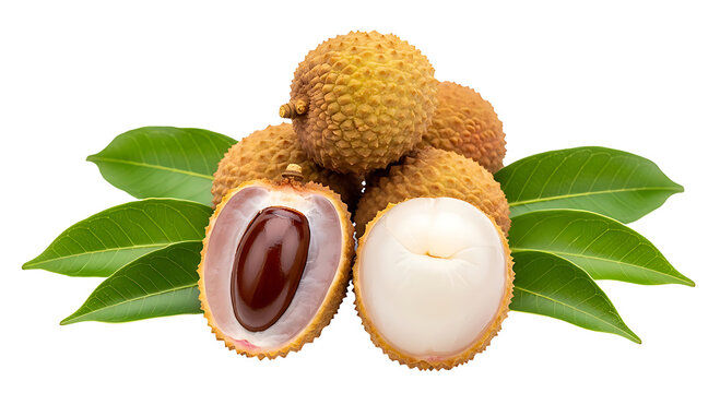 Fresh lychee fruit with leaves isolated on transparent background