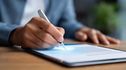 Fototapeta premium Faceless man's hand holding a stylus signing an electronic document on a tablet with a holographic interface on a wooden desk, defocused background, with copy space