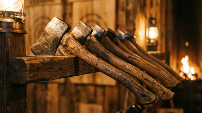 Axe throwing target practice set of hatchet on wooden rack in rustic cabin workshop with warm lantern light and fire glow