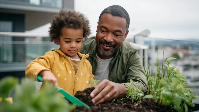 Father teaching young daughter about composting in small balcony garden setup, turning soil with child-size tools, urban gardening education and family sustainability, ideal for ec