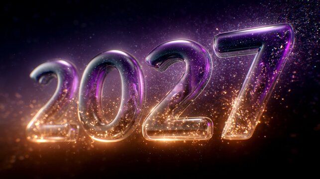 Stilisierte Jahreszahl 2027 in lila-goldenem Licht mit Funkeneffekten auf dunklem Hintergrund