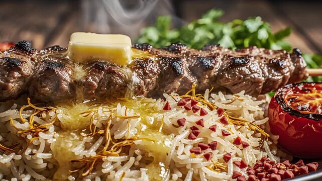 Delicious Persian Kabob Koobideh with Saffron Rice and Grilled Tomato.
