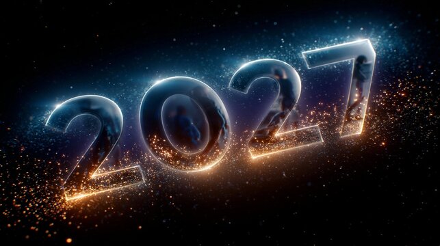 Leuchtende Jahreszahl 2027 mit goldenen Funken und Partikeleffekten auf schwarzem Hintergrund