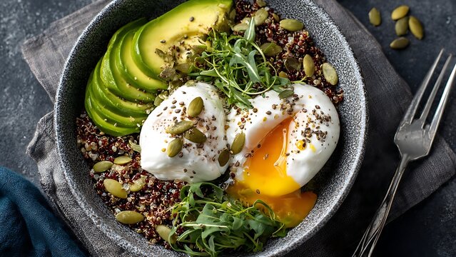 Avocado and poached egg bowl with quinoa and seeds