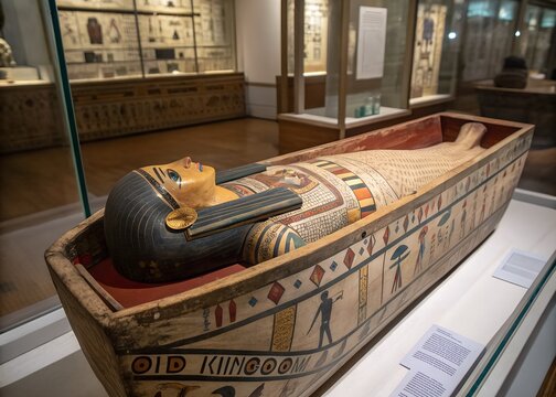 Golden Pharaoh Mummy Sarcophagus with Intricate Blue and Gold Hieroglyphics