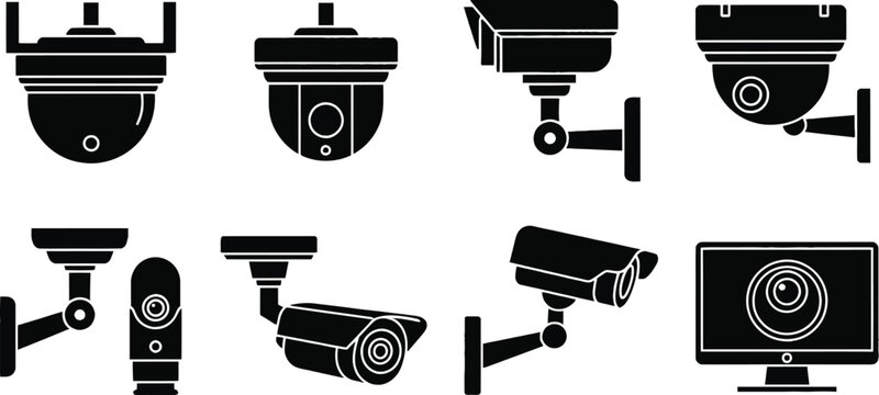 Security camera icons set diverse surveillance technology illustrations