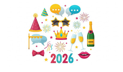2026 party props collection with hats glasses champagne vector © MDFahim
