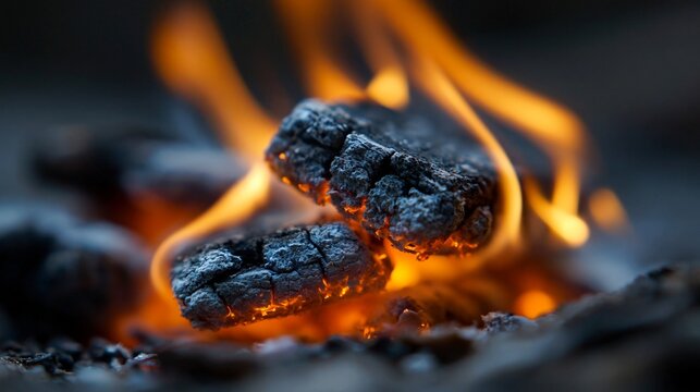 Brennende Holzkohle mit orangefarbenen Flammen in einer dunklen, dramatischen Nahaufnahme