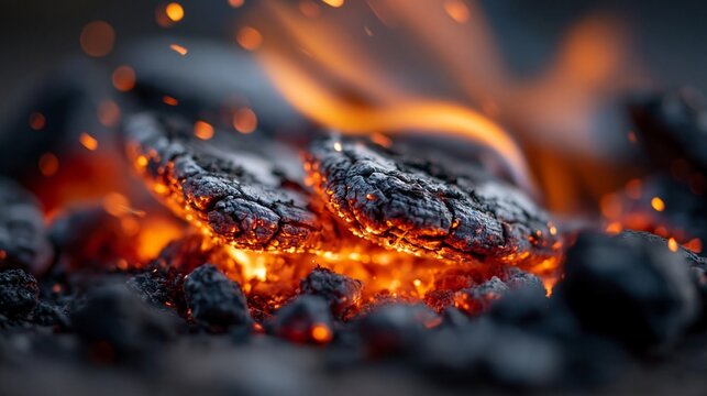 Brennende Holzkohle mit orangefarbenen Flammen in einer dunklen, dramatischen Nahaufnahme