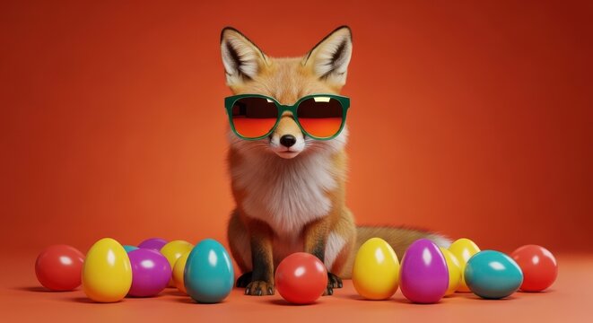 Cute fox wearing sunglasses surrounded by colorful easter eggs