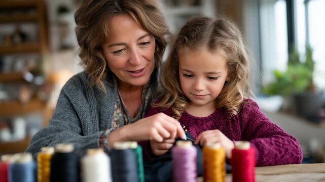 Grandmother teaches granddaughter traditional embroidery stitches at dining table, colorful thread spools arranged in afternoon window light, perfect for textile arts mentorship, n