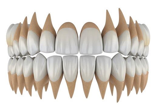 Detailed 3D illustration of human teeth with gums, Dental anatomy model, White shiny teeth and brown gums on white background for medical and educational use