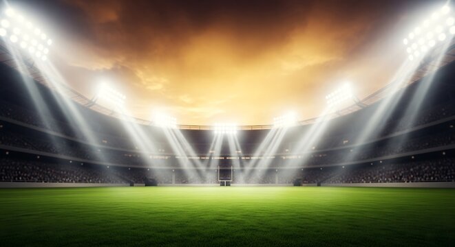 Spectacular world cup soccer football stadium lighting a dramatic view of the pitch ready for action