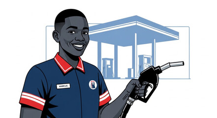 Smiling gas station attendant holding a fuel nozzle at a service station. © Syeh