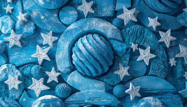 blue christmas background with seashells and stars